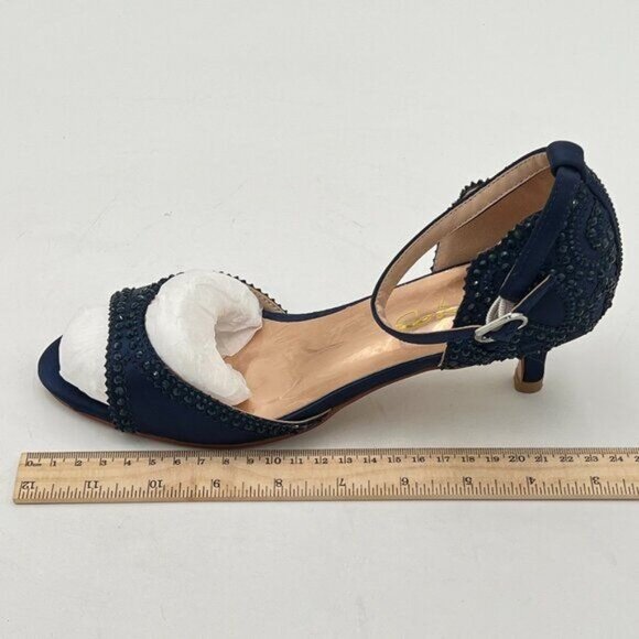 XYD Navy Chic Peep Toe D'Orsay Kitten Heel Rhinestone Studs Ankle Strap Sandals - Picture 2 of 8